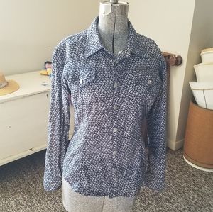 Blue and white floral snap front blouse